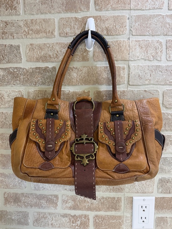 Betsey Johnson Handbags - Betsey Johnson Leather Studded Buckle Tote Shoulder Bag Brown Western Y2K